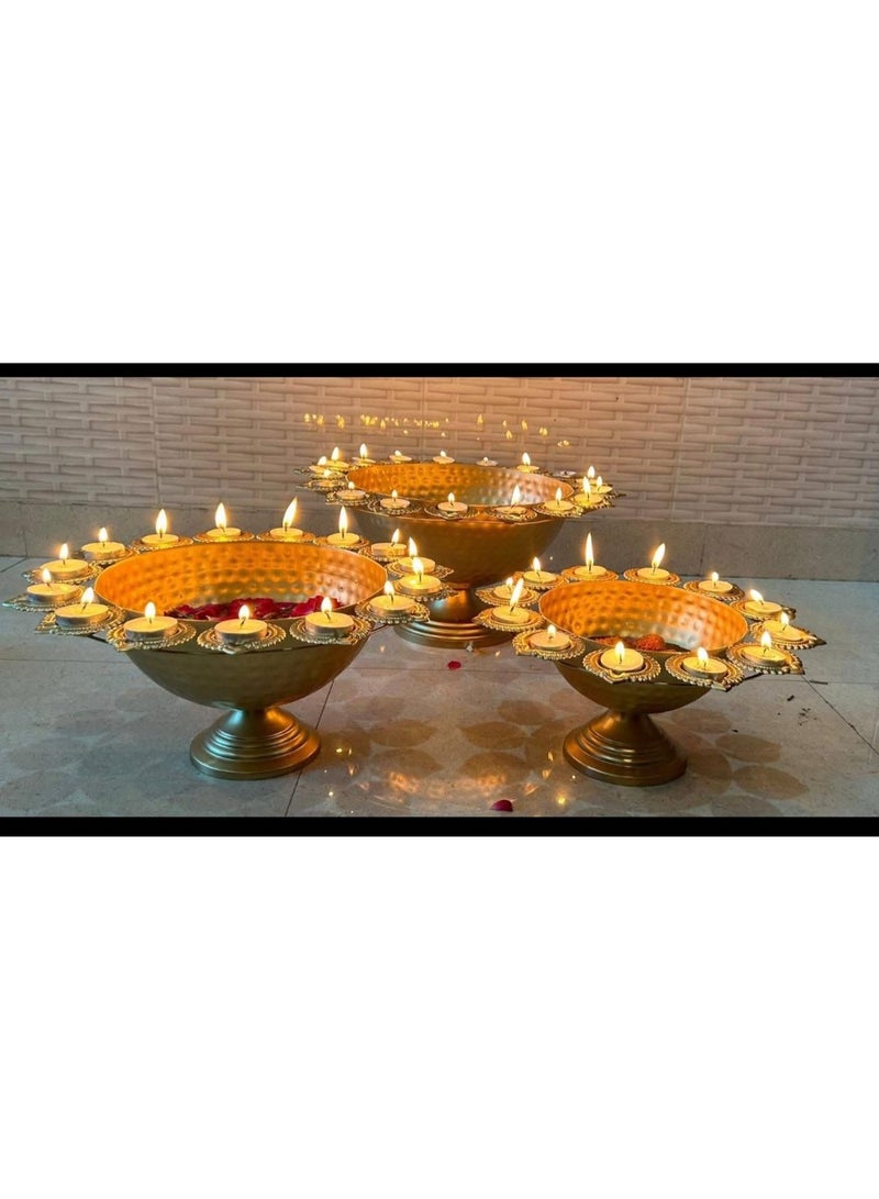 Diwali / Diwali decor / Elegant Brass Urli Bowl with Tealight Holders – Traditional Decorative Centerpiece for Festivals & Home Décor (Set of 3) - Image 1