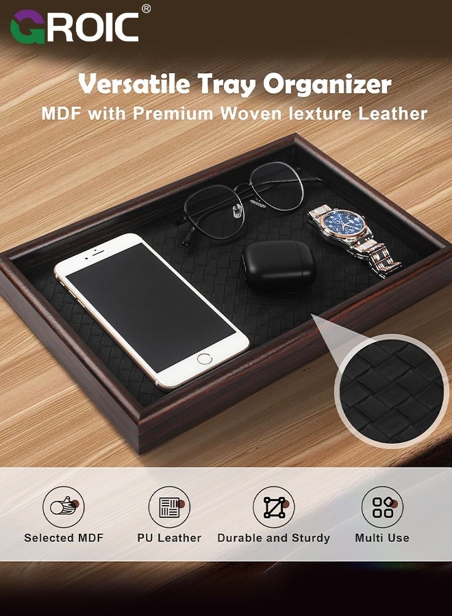 GROIC Leather Tray,Home Decorative Wooden Rectangle, Black Woven Leather,Perfect Serving Tray for Living Room, Coffee Table Home Decor Enthusiasts, Vanity Tray for All Occasions, Jewelry Storage - Image 2