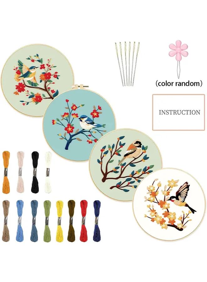 طقم تطريز نباتي DIY 4 قطع فن الخياطة بالطيور والزهور الملونة - Image 1