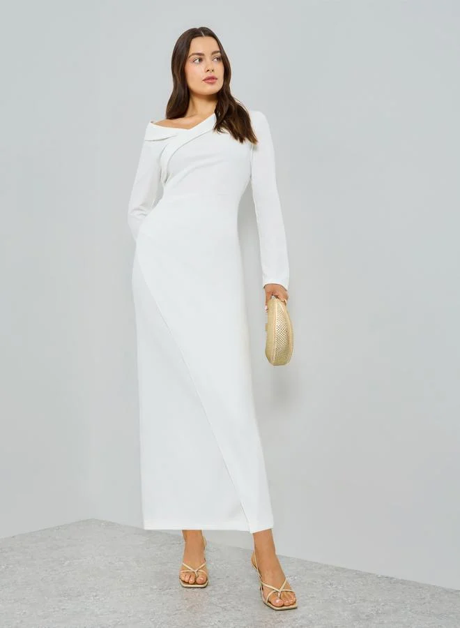 Take Two Off-White Asymmetric Neck Long Sleeve Maxi Dress