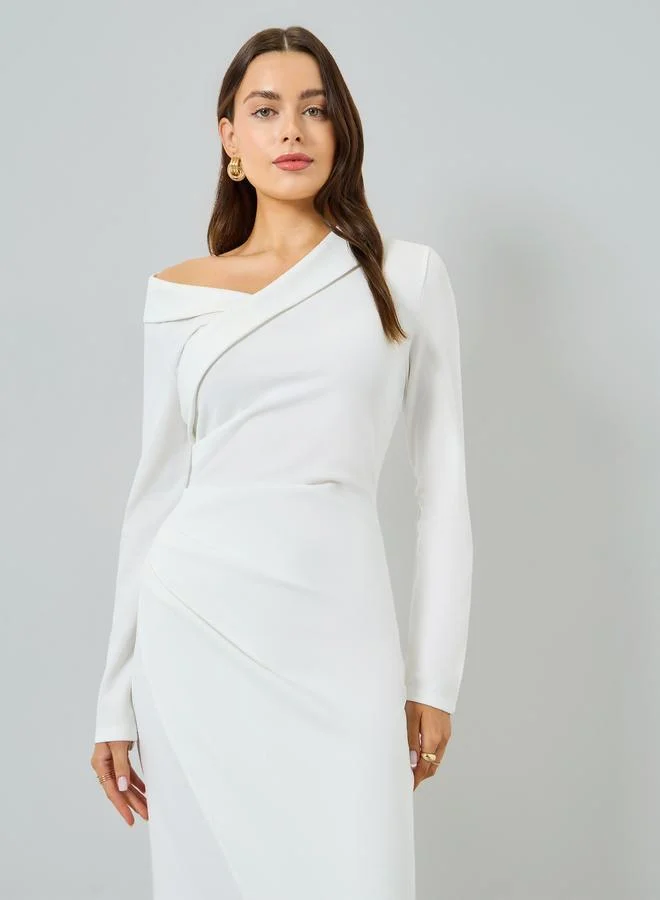 Take Two Off-White Asymmetric Neck Long Sleeve Maxi Dress