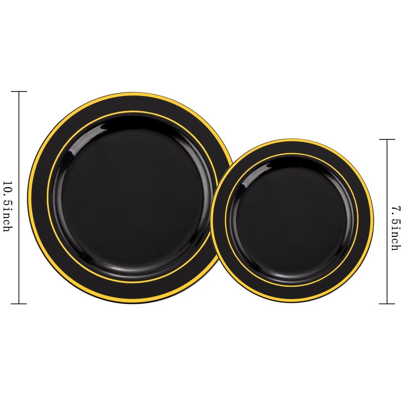 FLOWERCAT 100PCS Black and Gold Plates - Heavy Duty Black Plates Disposable for Halloween Party/New Year/Birthday- Include 50PCS 10.25inch Dinner Plates - 50PCS 7.5inch Dessert Plates - Image 2