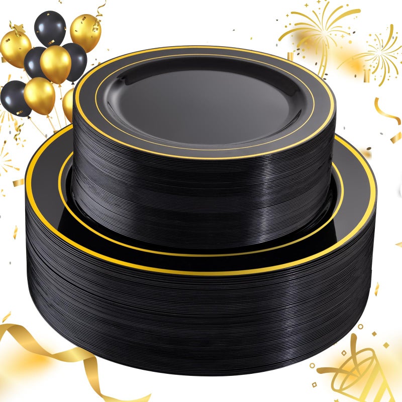 FLOWERCAT 100PCS Black and Gold Plates - Heavy Duty Black Plates Disposable for Halloween Party/New Year/Birthday- Include 50PCS 10.25inch Dinner Plates - 50PCS 7.5inch Dessert Plates - Image 1