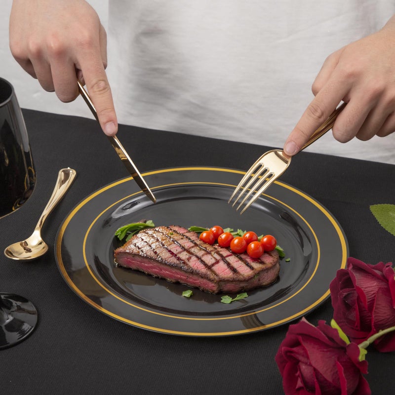 FLOWERCAT 100PCS Black and Gold Plates - Heavy Duty Black Plates Disposable for Halloween Party/New Year/Birthday- Include 50PCS 10.25inch Dinner Plates - 50PCS 7.5inch Dessert Plates - Image 4