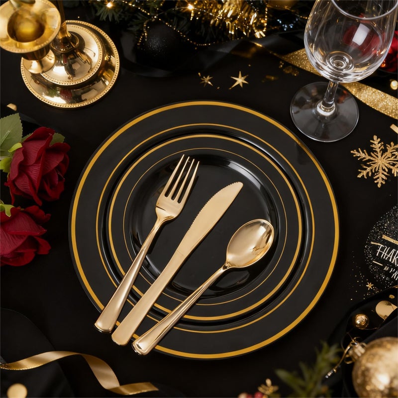 FLOWERCAT 100PCS Black and Gold Plates - Heavy Duty Black Plates Disposable for Halloween Party/New Year/Birthday- Include 50PCS 10.25inch Dinner Plates - 50PCS 7.5inch Dessert Plates - Image 3