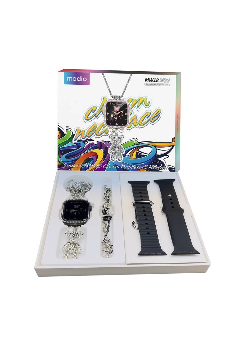 modio - Modio MW 18 Mini 36 mm HD Display Smart Watch with 2 Pair Strap and Stylish Chain Necklace and Bracelet with Wireless Charger Black - Image 1
