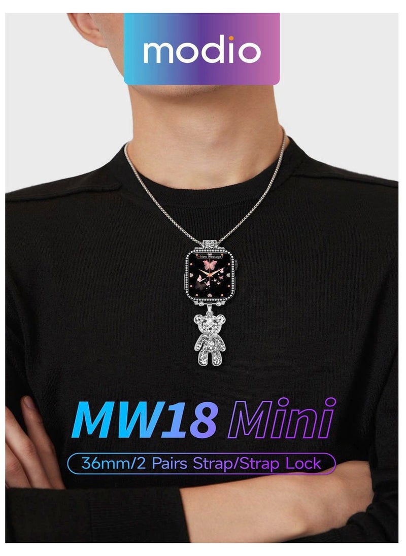 modio - Modio MW 18 Mini 36 mm HD Display Smart Watch with 2 Pair Strap and Stylish Chain Necklace and Bracelet with Wireless Charger Black - Image 1