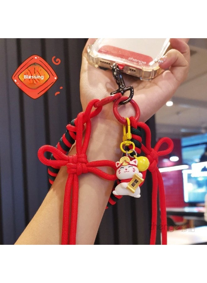 Generic - 2025 Year Chinese Knot Red Woven Mobile Phone Lanyard Wrist Short Strong And Durable Outdoor Travel Ins Style-Specifications Support Image Upload:[red And Blue] Chinese Knot Braided Bracelet + Red Long Clip + Black Love Buckle - Image 1
