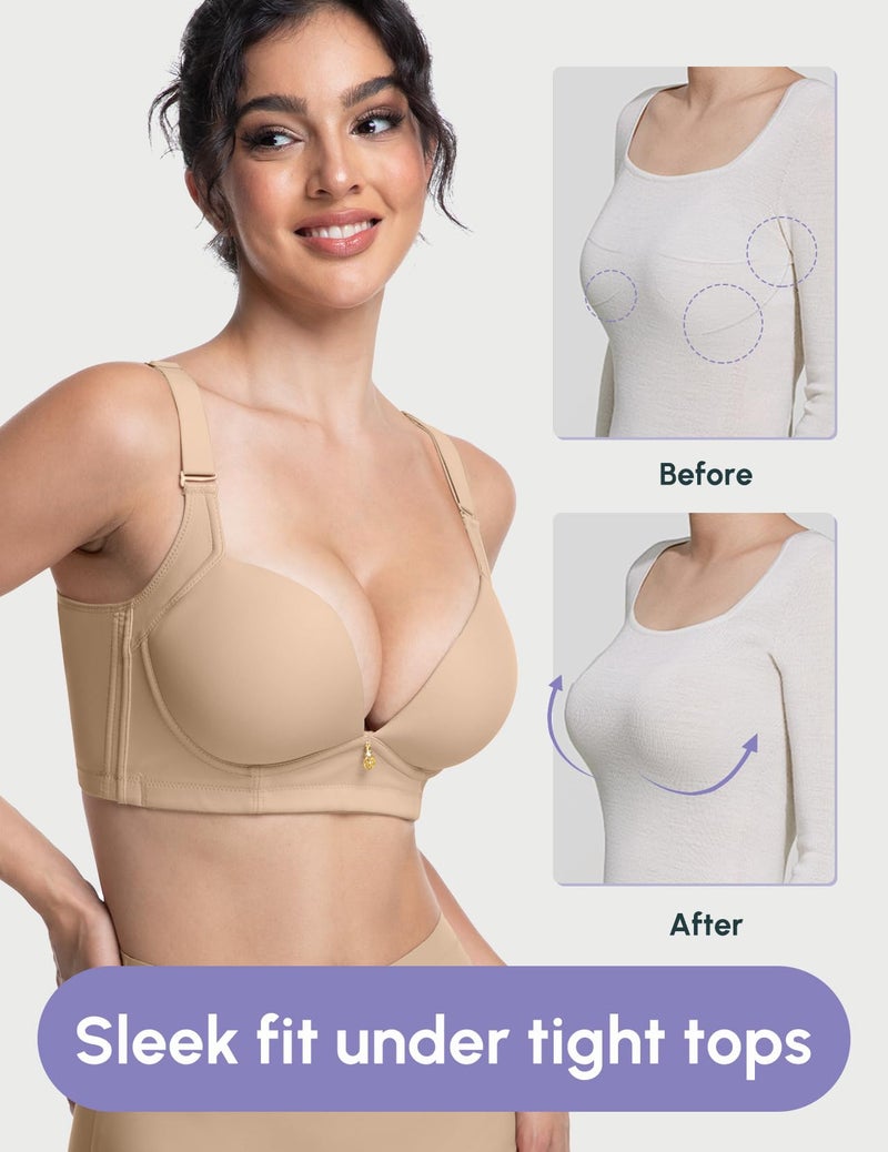 FallSweet Wireless Add 2 Cups Padded Plunge Bras Back Smoothing Push Up Brasieres, Beige, 36B - Image 3