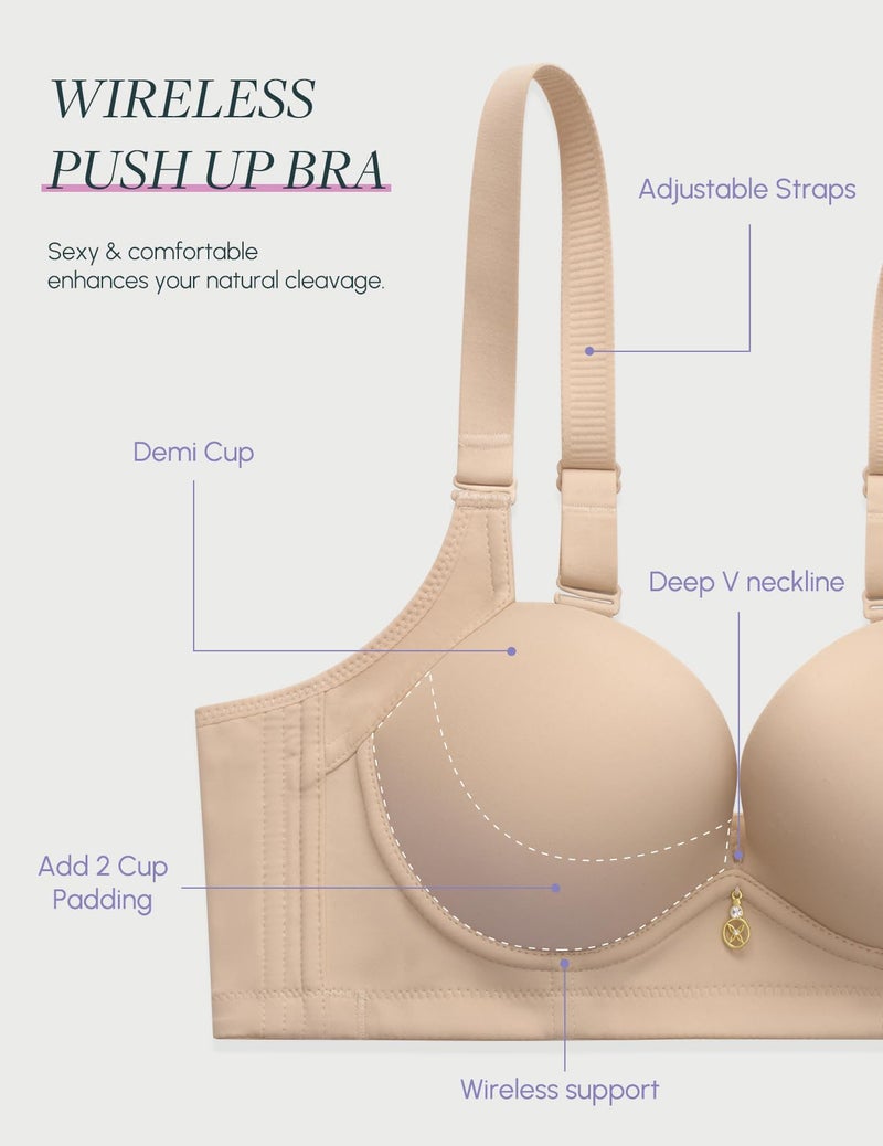 FallSweet Wireless Add 2 Cups Padded Plunge Bras Back Smoothing Push Up Brasieres, Beige, 36B - Image 2