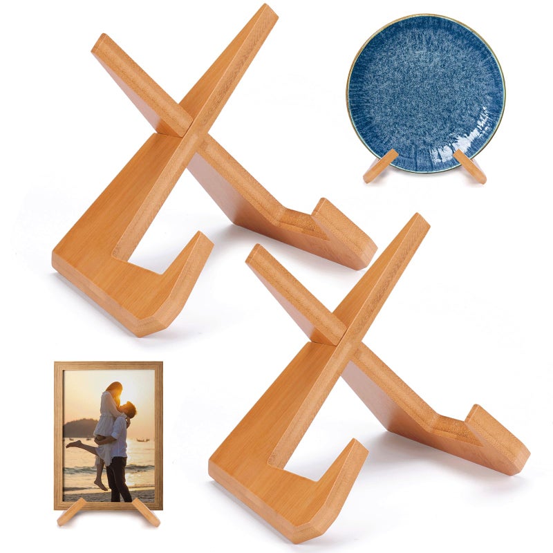 XKDOUS 2 Pack Plate Holders for Displaying 6.5 Inch Decorative Plate Display Stand Heavy Duty Bamboo Picture Frame Stands Cook Book Holder for Kitchen - Image 1