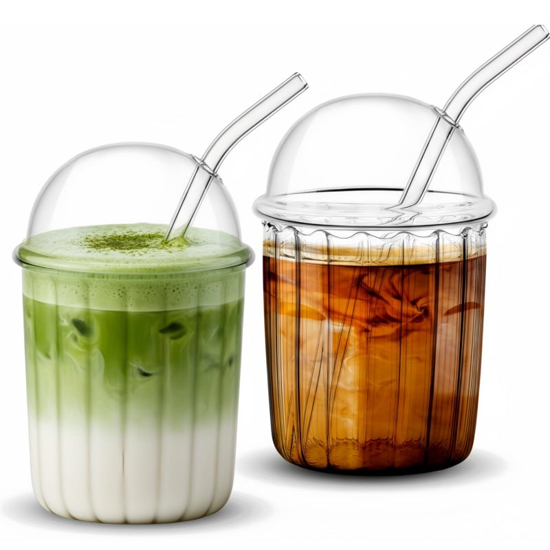 Layhit 2 Pcs Glass Cups with Dome Lid and Straw 15 oz Iced Glass Matcha Cup Aesthetic Coffee Cup Cute Drinking Glassware for Juice Beverage Milk Bubble Tea Cocktails