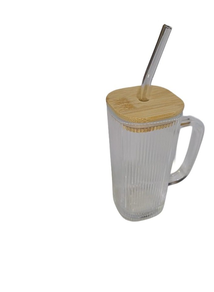 Square Glass Mug with Wooden Lid for Juice and Cocktails, for Hot and Cold Drinks, 240 ml