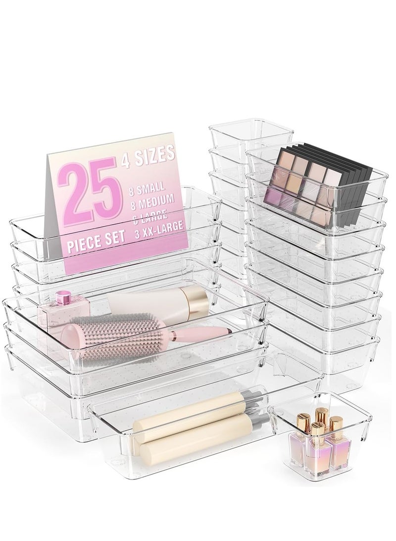 Arabest 25 Pack Clear Plastic Drawer Organizer Set,4 Size Small Storage Containers for Organizing Jewelry,Utensil,Junk,Tea,Makeup,Shallow Drawer Organizers Tray Suitable for Office,Desk,Bathroom,Vanity,Kitchen  - Image 1