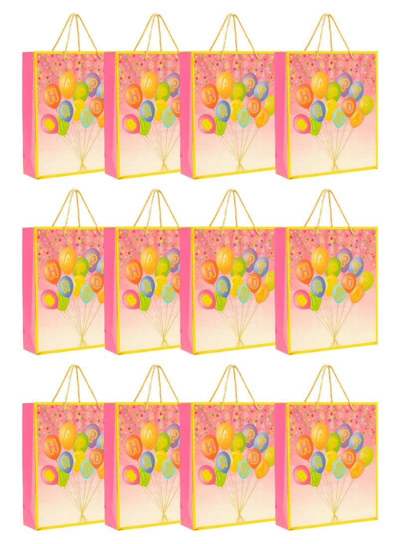 Toshionics Happy Birthday Gift Bags with Handles 12 Pcs – Medium Size Party Favor Bags Bulk for Kids & Adults – Glossy Durable Cardboard Gift Bags for Birthdays, Baby Shower, Anniversary, Party Supplies – 26x12x32cm (Model EST-3338M), Pink - Image 1