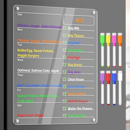 OORAII Acrylic Meal Planner Magnetic Menu Board for Kitchen Fridge Planning Board Grocery to Do List Shopping List w/ 8 Markers, Clear Weekly Calendar for Refrigerator Dry Erase Board, 12x9’’ - Image 2