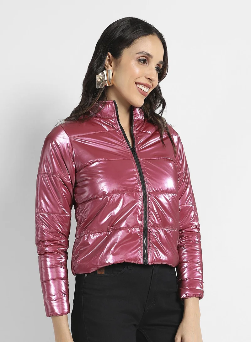 Pinacolada  Women's Pink Solid High-Neck Quilted Bomber Jacket for Women | Best Price UAE