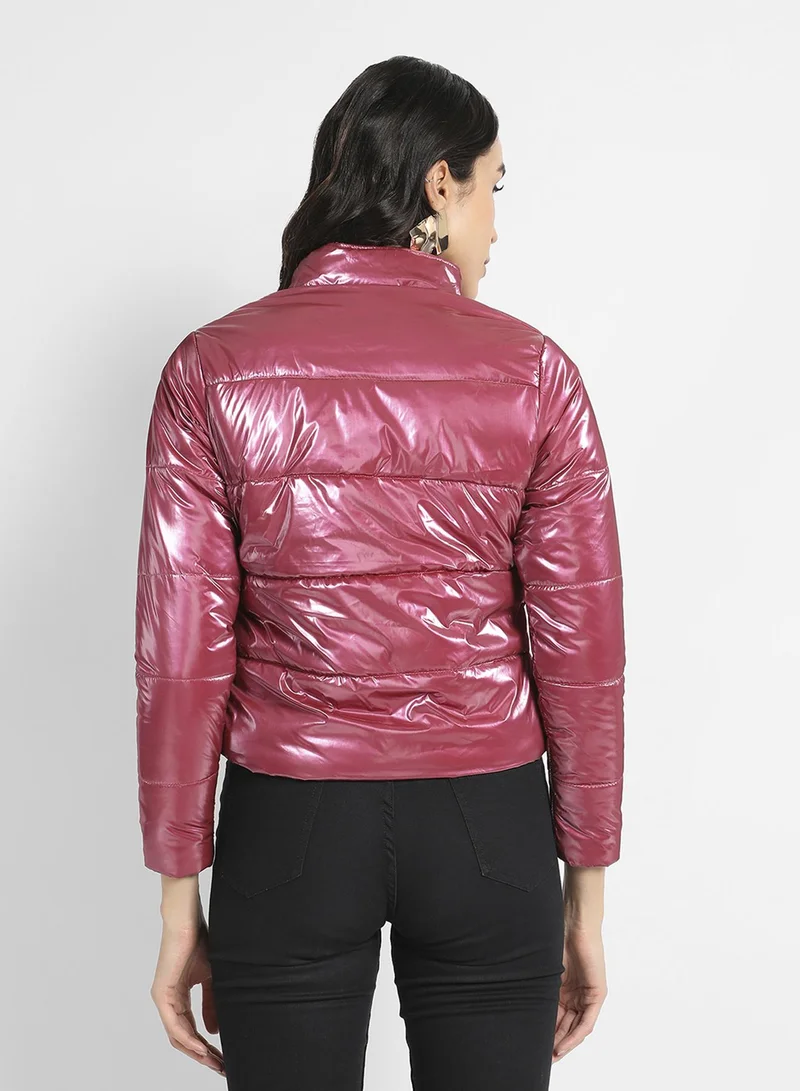 Pinacolada  Women's Pink Solid High-Neck Quilted Bomber Jacket for Women | Best Price UAE