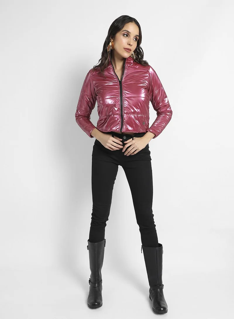 Pinacolada  Women's Pink Solid High-Neck Quilted Bomber Jacket for Women | Best Price UAE