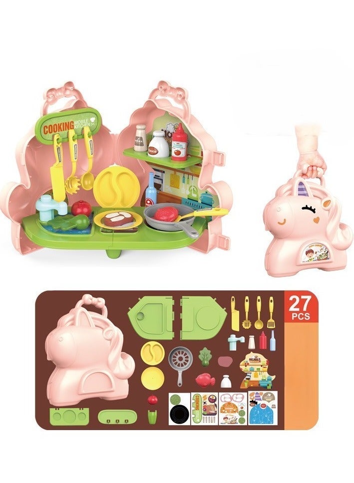 27-Piece Unicorn-Themed Kids Cooking Playset, Pretend Kitchen and Dining Set for Children, Realistic Food and Utensils - Image 2