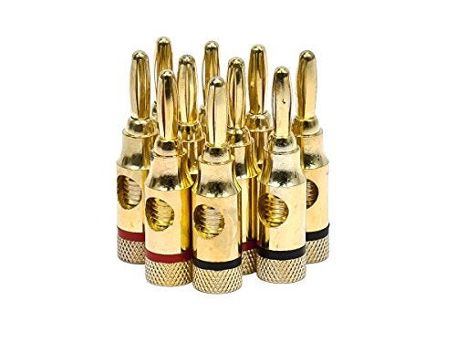 Monoprice 109437 5PRJX74047 Gold Plated Speaker Banana Plugs 5 Pairs Open Screw Type For Speaker Wire Home Theater Wall Plates And More - Image 1