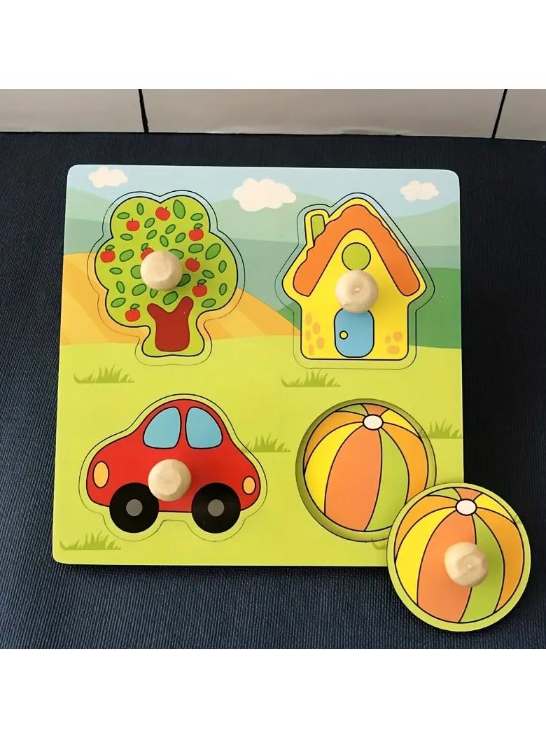 3D Wooden Puzzle Board – Early Learning House, Car, and Tree Cognition Toy for Toddlers, Hand Grabbing Educational Jigsaw, Durable Wooden Design for Ages 0-3 Years, Perfect Holiday Gift for ,   More - Image 2