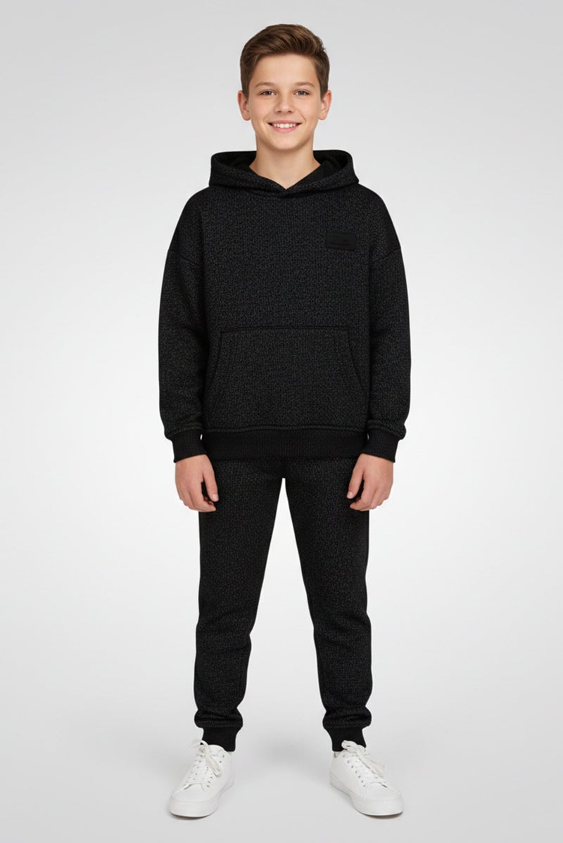 Fudo Kids Boy 2 Pieces Brand Logo Long Sleeve Hoodie With Jogger Pants Set, Heather Black - Image 1