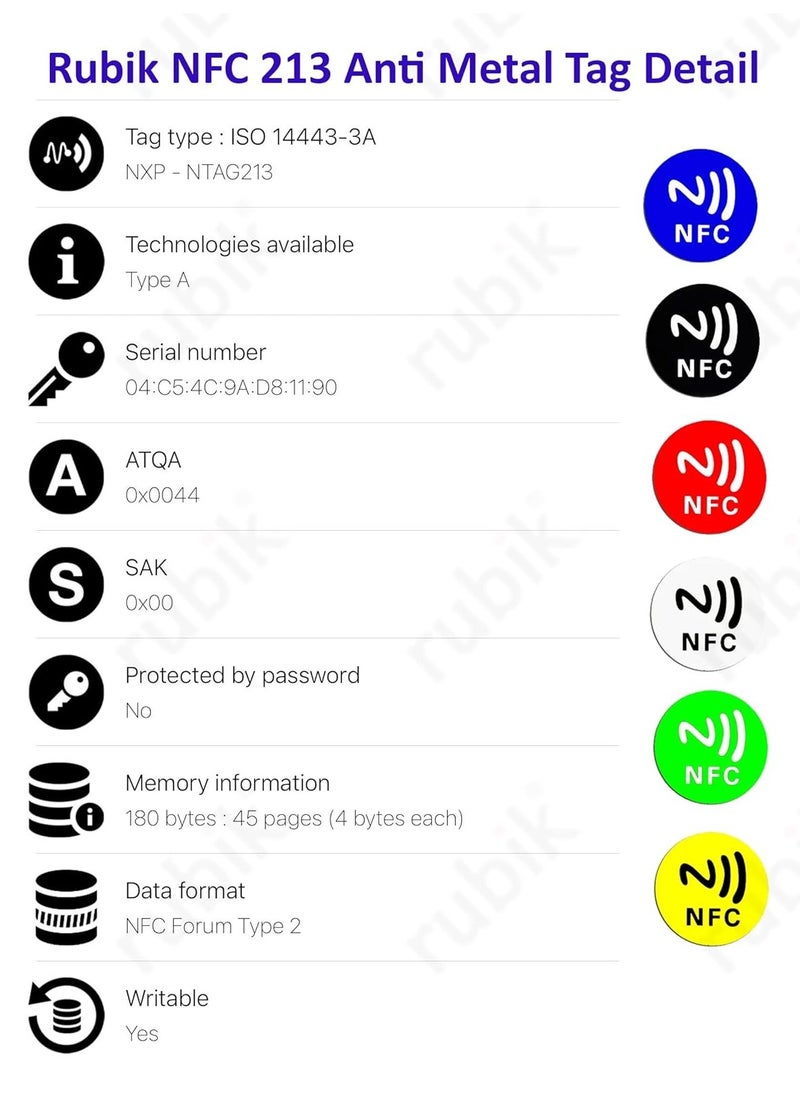 Rubik - NFC 213 Tags, Anti Metal Self-adhesive Ntag213 Stickers for iPhone and Android Smartphones and NFC-Enabled Devices, Ntag 213 Support 13.56mhz RFID and NFC IC (Multicolor, 12 Tags) - Image 1
