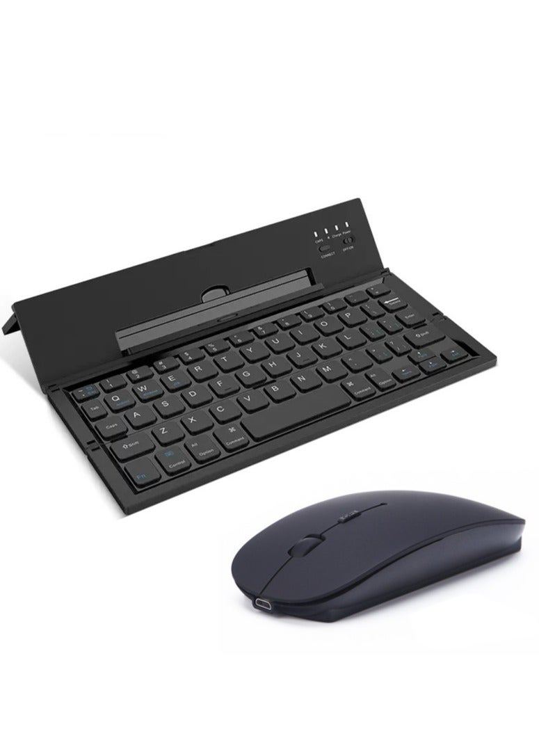لوحة مفاتيح ألعاب الكمبيوتر اللوحي والهاتف الذكي الخارجية المحمولة ثلاثية الطيات من سبائك الألومنيوم الداعمة للوحة مفاتيح بلوتوث للوحة مفاتيح الكمبيوتر للعمل، مع ماوس لاسلكي (اللون: أسود، الحجم: 9.4 × 2.2 × 0.7 بوصة (238 × 55 × 18.5 مم)) - Image 1