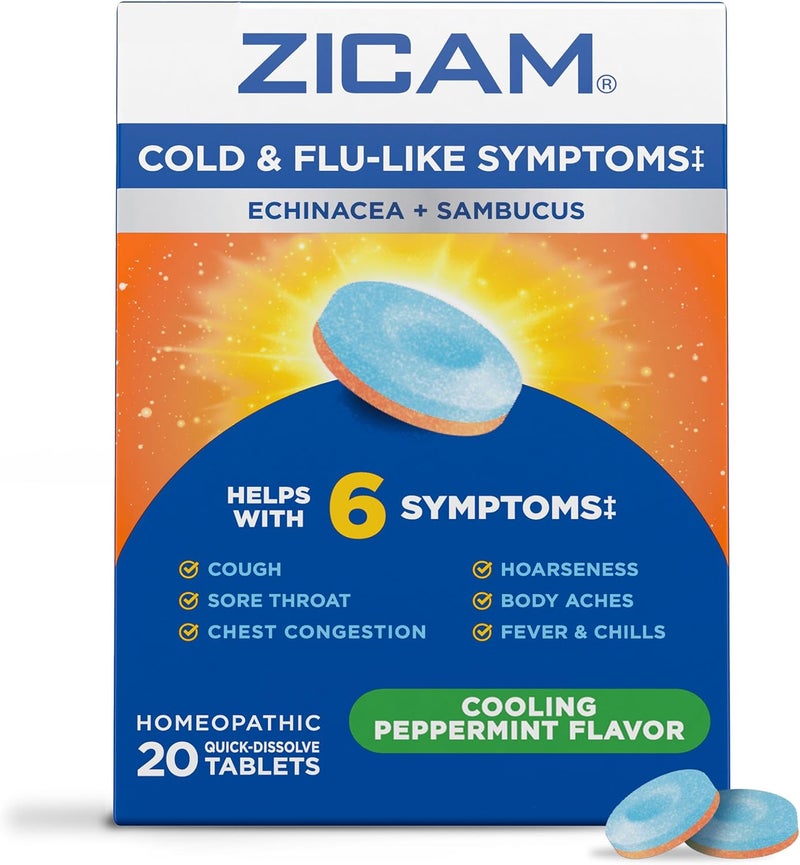 Zicam Cold FluLike Symptoms with Echinacea and Sambucus Homeopathic Zinc Cooling Peppermint Flavor Helps with Cold Symptoms 20 Tablets - Image 1