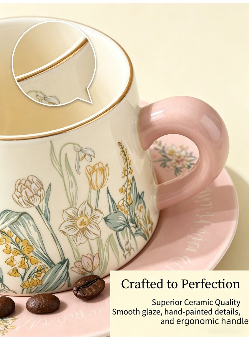 nihao 280ml Floral Ceramic Coffee Cup & Saucer Set with Spoon, Porcelain Coffee Mug, Elegant & Luxury Gift Box, Perfect for Wedding, Birthday, Home & Office Use-Pink - Image 4