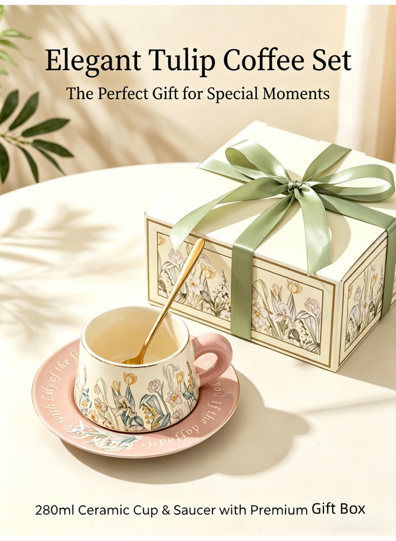 nihao 280ml Floral Ceramic Coffee Cup & Saucer Set with Spoon, Porcelain Coffee Mug, Elegant & Luxury Gift Box, Perfect for Wedding, Birthday, Home & Office Use-Pink - Image 1