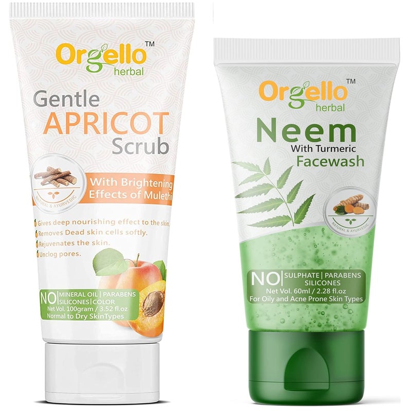 Orgello Apricot Scrub For Face And Body 1 X 100 gm Neem And Turmeric Face Wash 1 X 60 ml Face Body Scrub Neem Face Wash Men Women Girls Boys Pack of 2 - Image 1