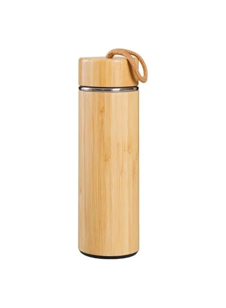 Spaceshoop Lid Natural Eco Friendly Bamboo Double Wall Stainless Steel Vacuum Insulated Water Bottle with Strainer 500ml - Image 1