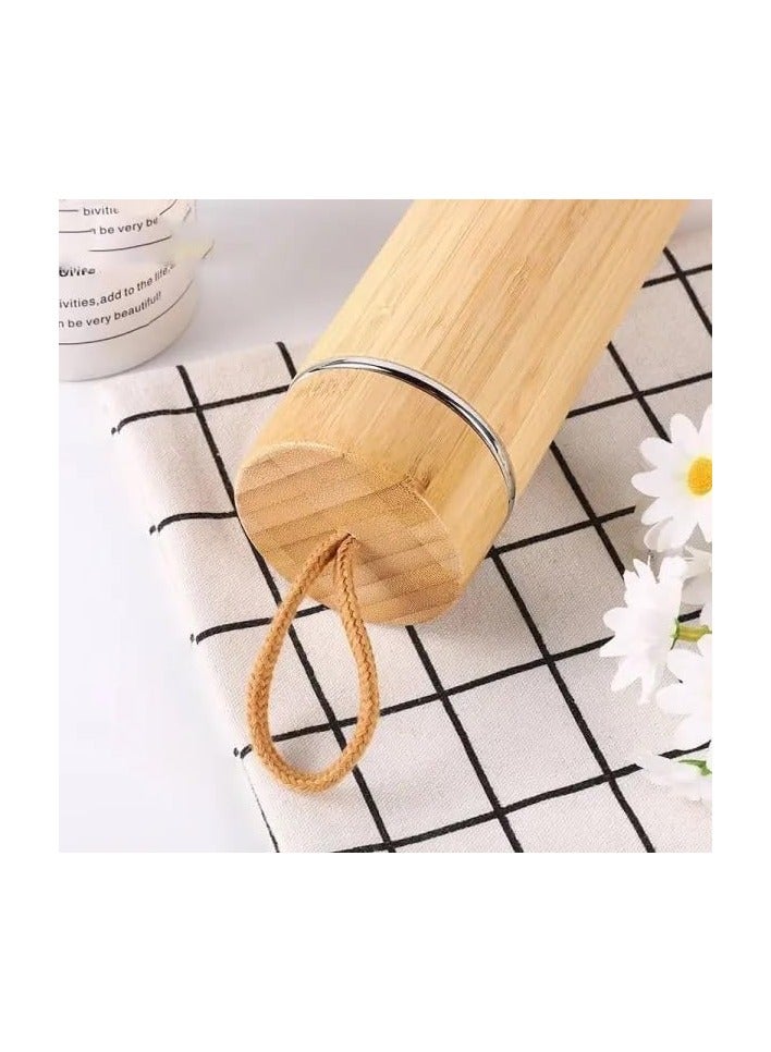 Spaceshoop Lid Natural Eco Friendly Bamboo Double Wall Stainless Steel Vacuum Insulated Water Bottle with Strainer 500ml - Image 3