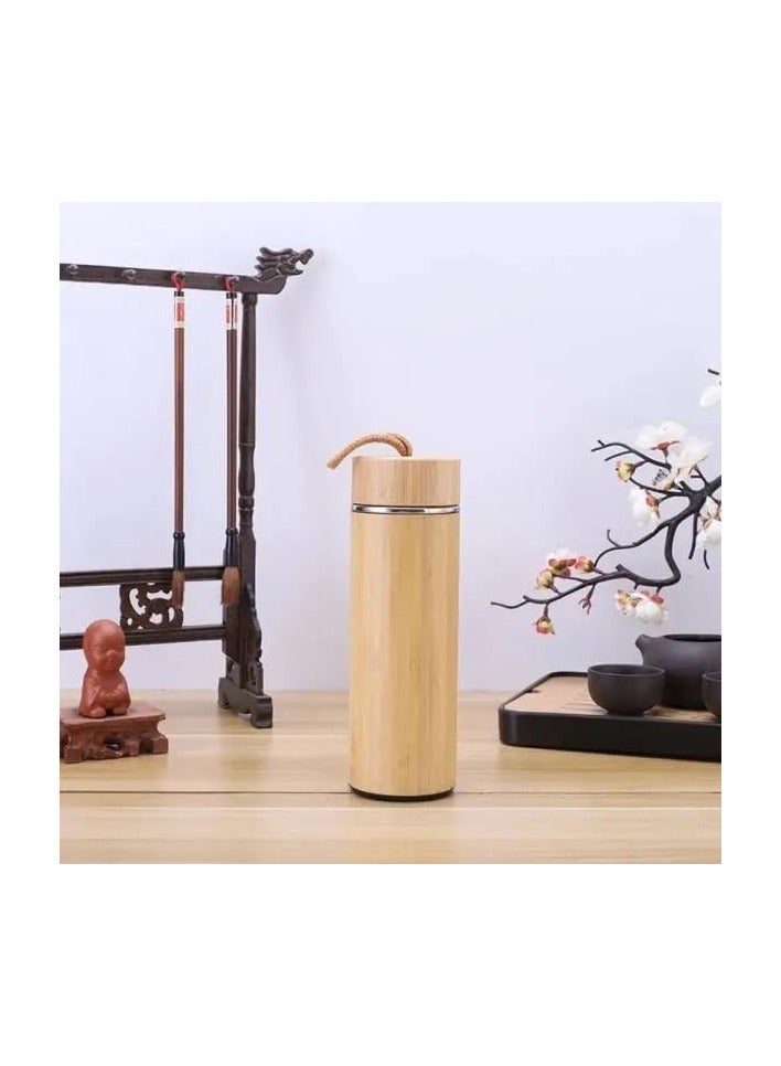 Spaceshoop Lid Natural Eco Friendly Bamboo Double Wall Stainless Steel Vacuum Insulated Water Bottle with Strainer 500ml - Image 2