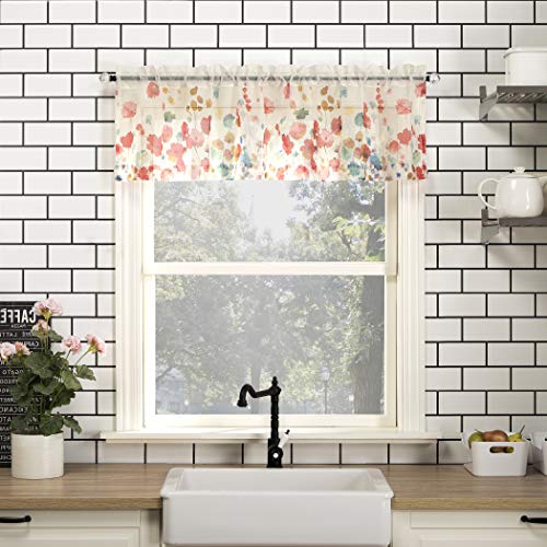No. 918 Rosalind Watercolor Floral Semi-Sheer Rod Pocket Kitchen Curtain Valance, 54" x 14", Poppy Red - Image 1