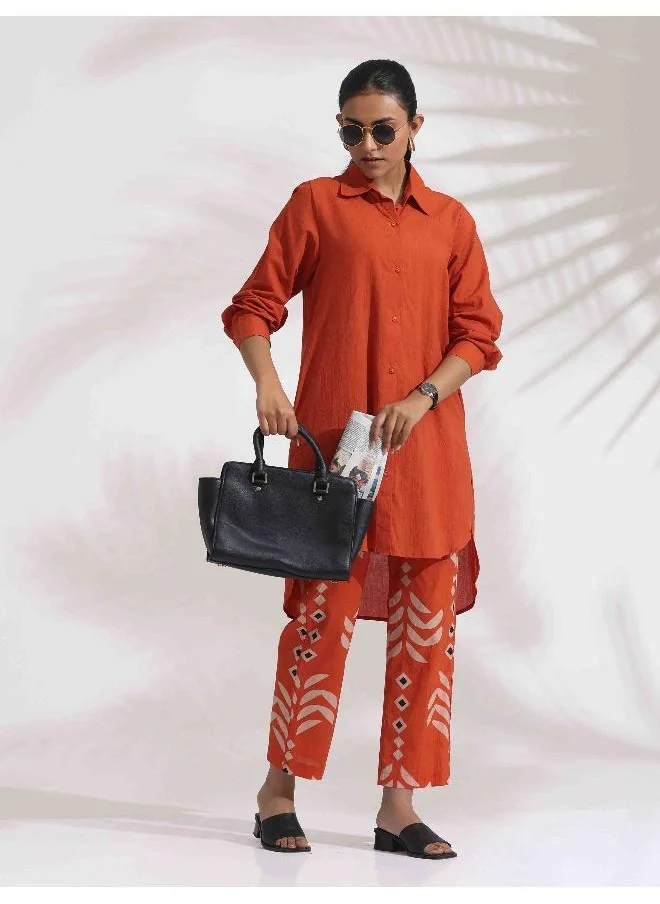 ترو برونز trueBrowns Orange Cotton Solid Shirt Kurta Co-ord Set