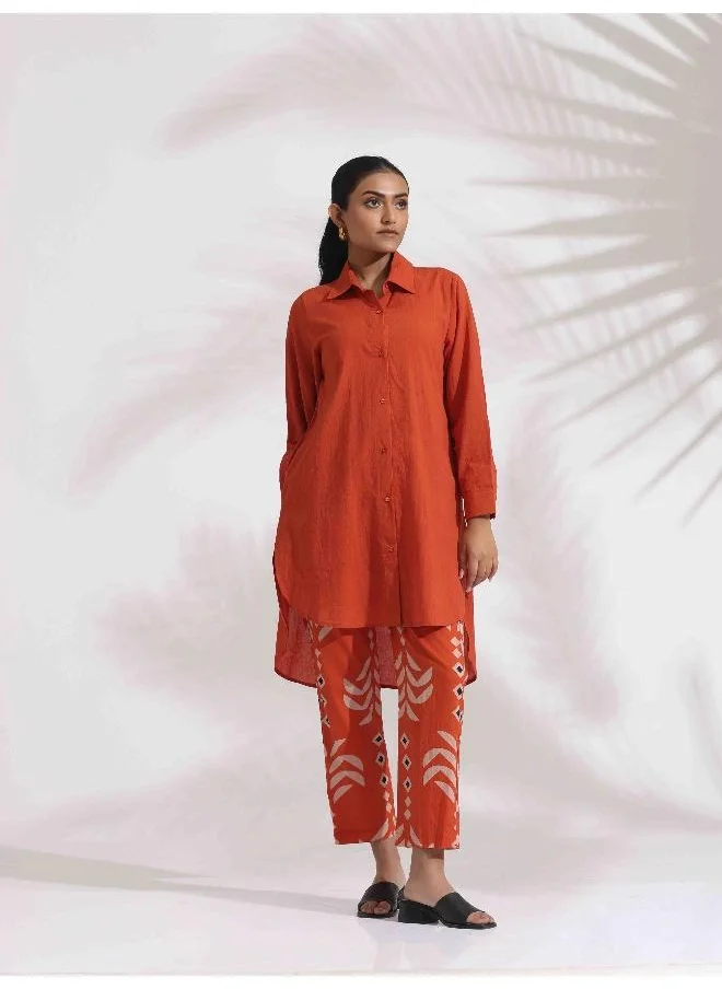 ترو برونز trueBrowns Orange Cotton Solid Shirt Kurta Co-ord Set