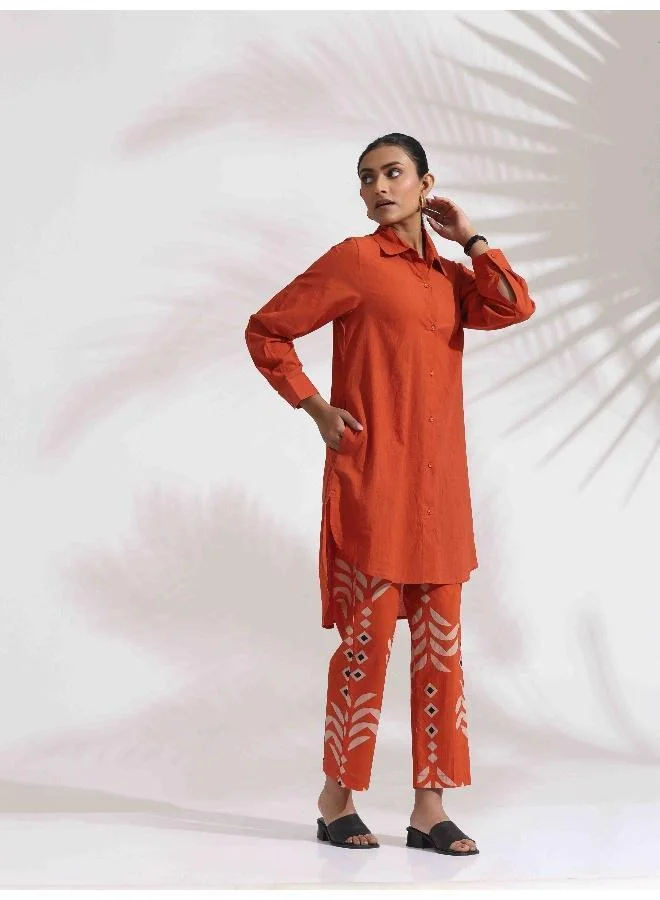 ترو برونز trueBrowns Orange Cotton Solid Shirt Kurta Co-ord Set