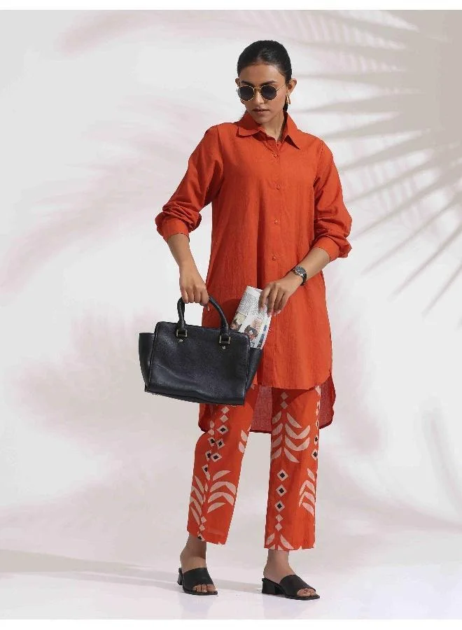 ترو برونز trueBrowns Orange Cotton Solid Shirt Kurta Co-ord Set