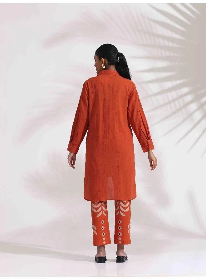 ترو برونز trueBrowns Orange Cotton Solid Shirt Kurta Co-ord Set