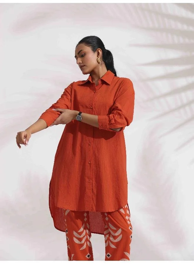 ترو برونز trueBrowns Orange Cotton Solid Shirt Kurta Co-ord Set