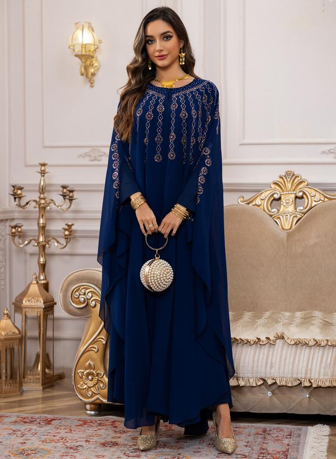 Take Two Navy Blue Embellished Cape Style Abaya and Dress Modest Set - Image 2