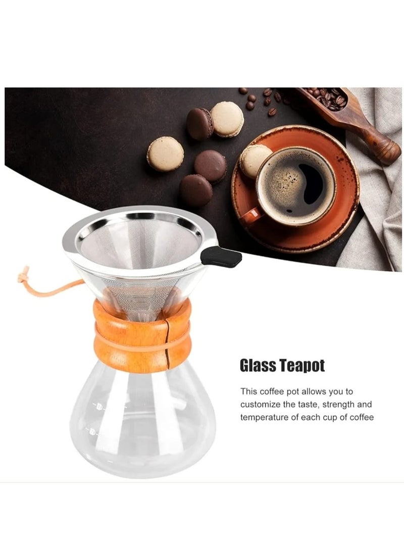 Glass Drip Coffee Pourer with Stainless Steel Filter and Wooden Ring Special for Coffee Capacity 400ml,  - Image 2