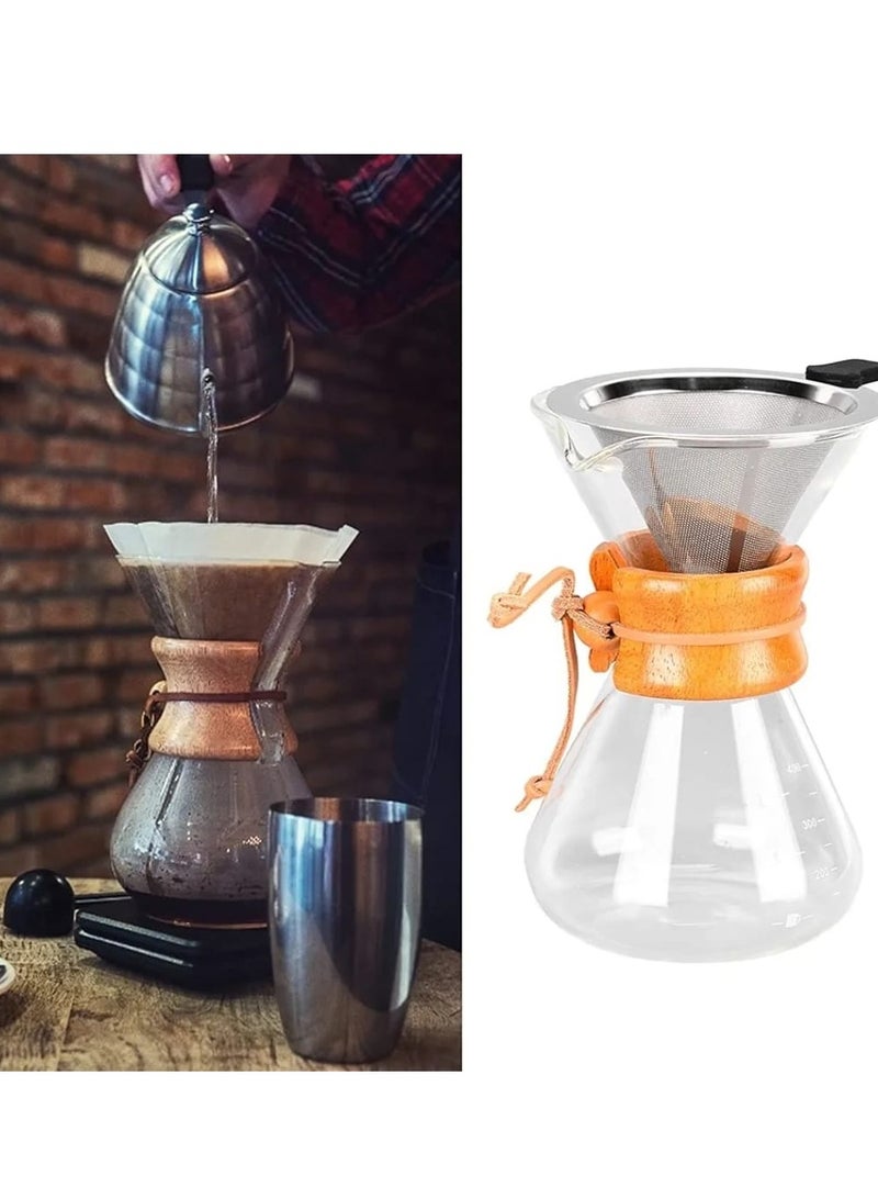 Glass Drip Coffee Pourer with Stainless Steel Filter and Wooden Ring Special for Coffee Capacity 400ml,  - Image 3