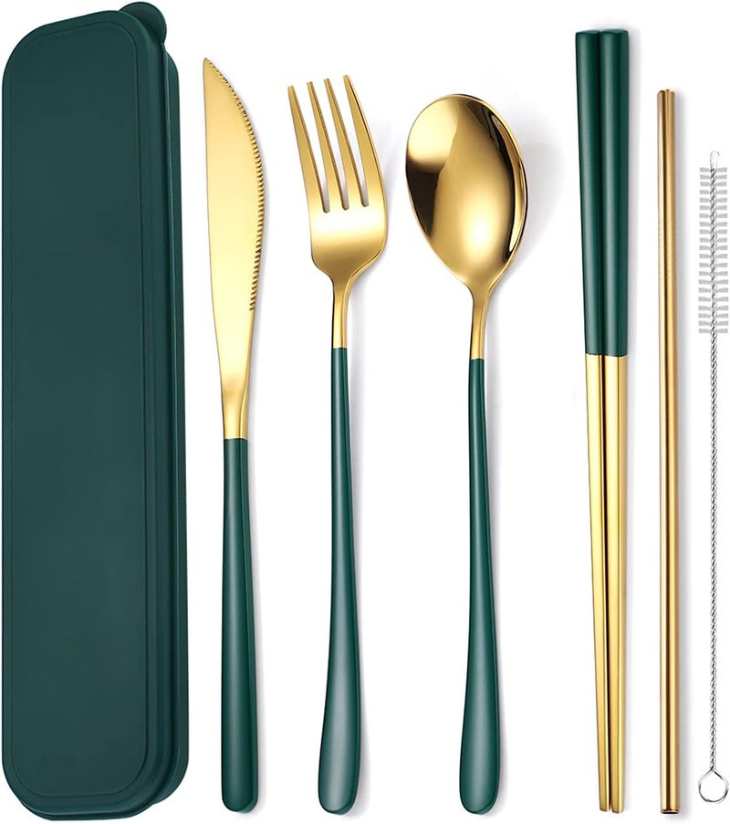 AARainbow 6 Pieces 18/8 Stainless Steel Flatware Set Portable Reusable Cutlery Set Travel Utensils Set Including Chopsticks Knife Fork Spoon Straws Cleaning Brush Dishwasher Safe (Green golden) - Image 1