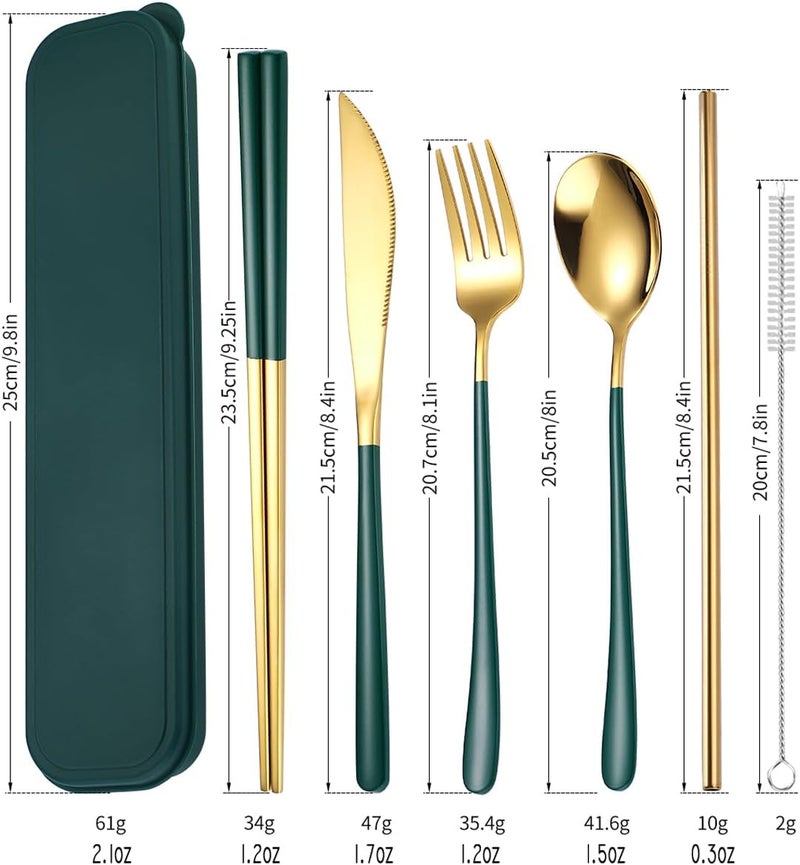 AARainbow 6 Pieces 18/8 Stainless Steel Flatware Set Portable Reusable Cutlery Set Travel Utensils Set Including Chopsticks Knife Fork Spoon Straws Cleaning Brush Dishwasher Safe (Green golden) - Image 2