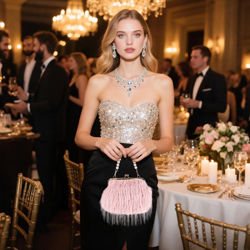 FeelfunFeather Women Clutch Purses,Fluffy Feather Evening Handbags for Wedding Party Banquet Prom Crossbody Bag with Detachable Chain(Pink) - Image 2