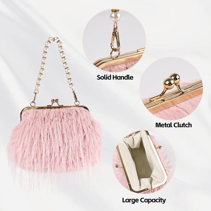 FeelfunFeather Women Clutch Purses,Fluffy Feather Evening Handbags for Wedding Party Banquet Prom Crossbody Bag with Detachable Chain(Pink) - Image 4